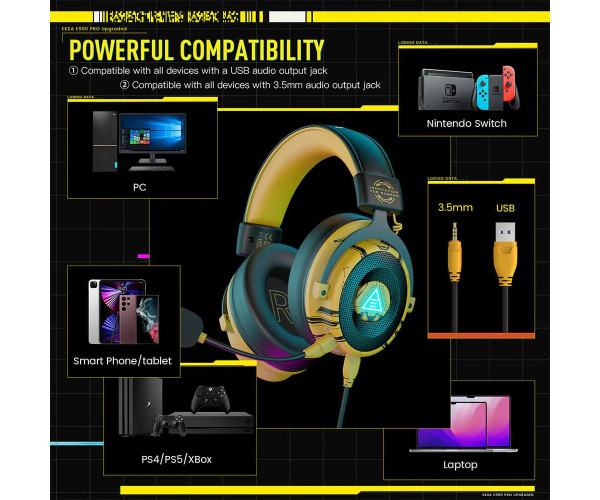 EKSA E900 Pro Yellow 7.1 Virtual Surround Sound Gaming Headphone