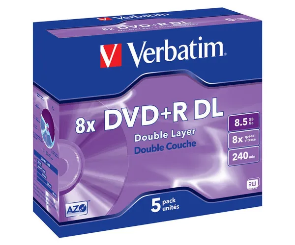 VERBATIM DVD+R DL 8.5 GB 8X 240M 5PK JEWEL CASE
